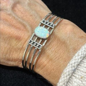R.B. Running Bear Native American Sterling Silver Bracelet with Fire Opal
